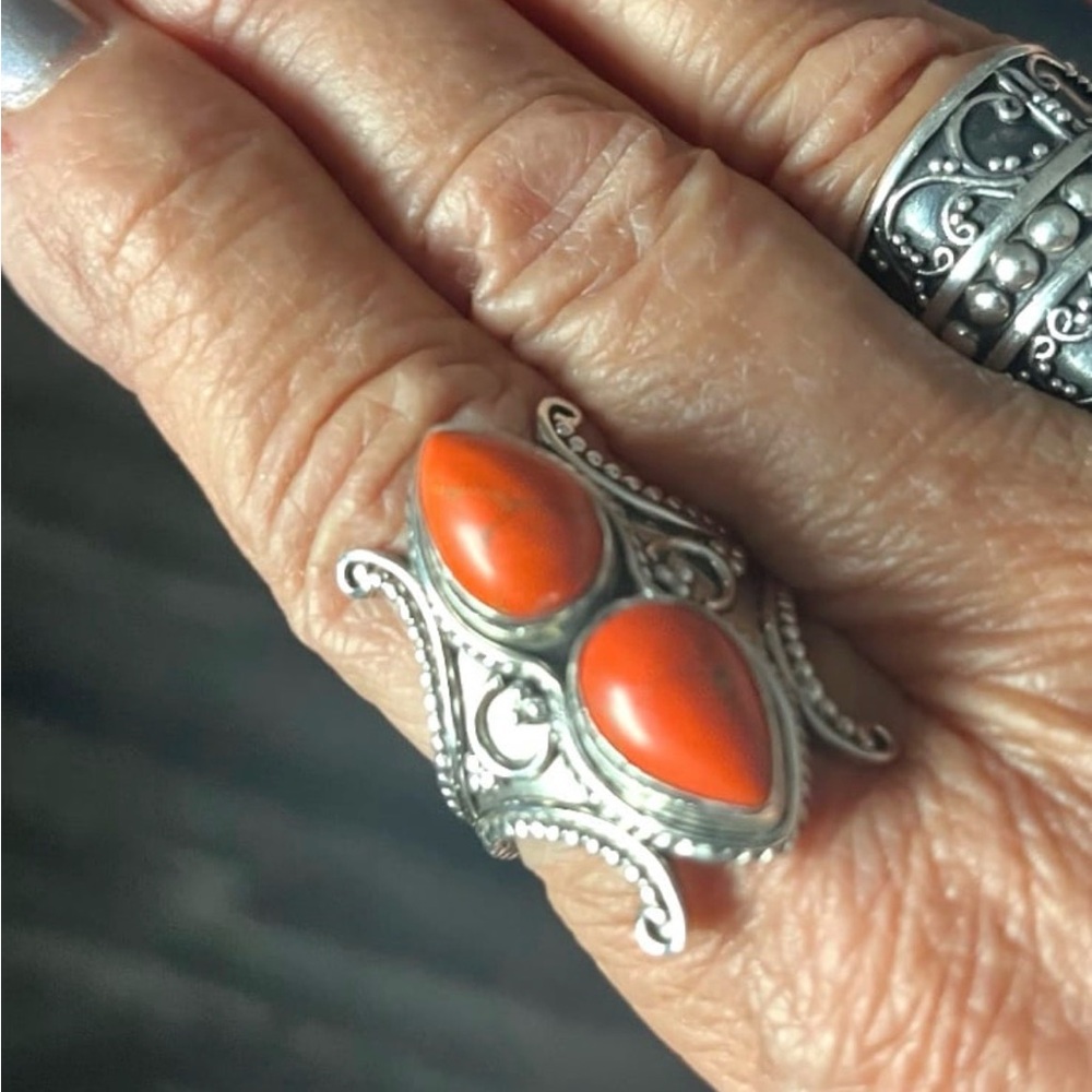 Sterling Silver Orange Teardrop Gemstone Statement Ring Size 9       Item # 1948